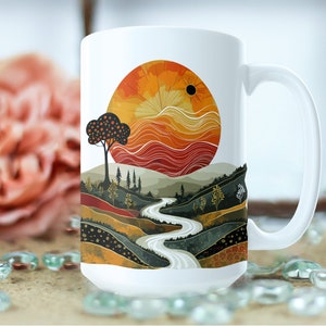 Taza de paisaje abstracto, taza de café artística, artículos de bebida de diseño único, decoración del hogar inspirada en la naturaleza, taza de cerámica de 15 oz imagen 3