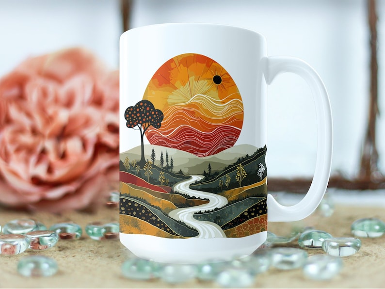 Taza de paisaje abstracto, taza de café artística, artículos de bebida de diseño único, decoración del hogar inspirada en la naturaleza, taza de cerámica de 15 oz imagen 3