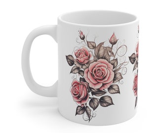 Ceramic Mug 11oz, Vintage Rose Design Mug, Romantic Floral Mug for Nature Lovers