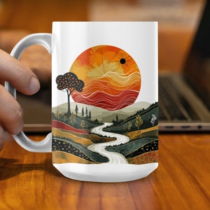 Taza de paisaje abstracto, taza de café artística, artículos de bebida de diseño único, decoración del hogar inspirada en la naturaleza, taza de cerámica de 15 oz imagen 4