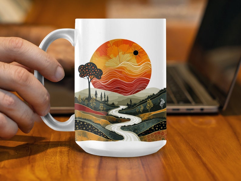 Taza de paisaje abstracto, taza de café artística, artículos de bebida de diseño único, decoración del hogar inspirada en la naturaleza, taza de cerámica de 15 oz imagen 4