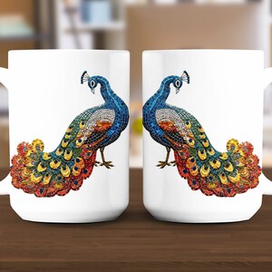 15オンス モザイク ピーコック マグカップ、芸術的なコーヒーカップ、ユニークな鳥好きへのギフト、目を引くキッチン装飾、鮮やかなティーマグ、クリエイティブなドリンクウェア 画像 2