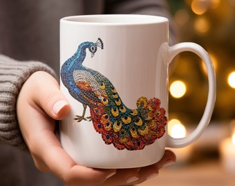 15oz Mosaic Peacock Mug, Artistic Coffee Cup, Unique Bird Lover Gift, Eye-Catching Kitchen Decor, Vibrant Tea Mug, Creative Drinkware