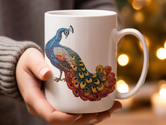 15oz Mosaic Peacock Mug, Artistic Coffee Cup, Unique Bird Lover Gift, Eye-Catching Kitchen Decor, Vibrant Tea Mug, Creative Drinkware