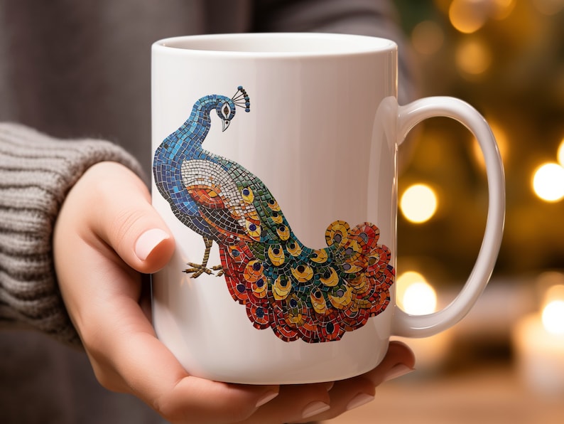 15オンス モザイク ピーコック マグカップ、芸術的なコーヒーカップ、ユニークな鳥好きへのギフト、目を引くキッチン装飾、鮮やかなティーマグ、クリエイティブなドリンクウェア 画像 1