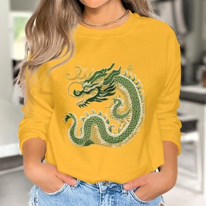 Green Dragon Sweatshirt, Mythical Creature Art Pullover, Lunar Year of the Dragon, Unique Graphic Sweat Top, Gift for Dragon