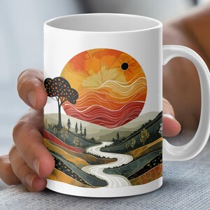 Taza de paisaje abstracto, taza de café artística, artículos de bebida de diseño único, decoración del hogar inspirada en la naturaleza, taza de cerámica de 15 oz imagen 5
