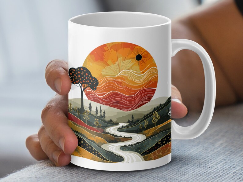 Taza de paisaje abstracto, taza de café artística, artículos de bebida de diseño único, decoración del hogar inspirada en la naturaleza, taza de cerámica de 15 oz imagen 5