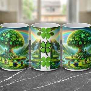May include: White ceramic mug featuring a colourful design of a tree adorned with shamrocks and leprechauns. The mug has a rainbow and a waterfall in the background. The mug is ideal for St. Patrick's Day.