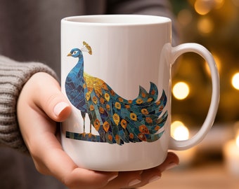 Colorful Mosaic Peacock Coffee Mug, Vibrant Artistic Bird Design, Unique Gift for Bird Lovers, Nature Inspired Drinkware, 15oz Ceramic Mug