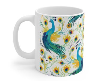 Taza de cerámica 11 oz, taza de pavo real, regalo amante de la naturaleza, estética, amante del café, amante del té