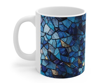 抽象的なモザイク模様の陶器マグカップ｜ブルーゴールドタイルデザイン