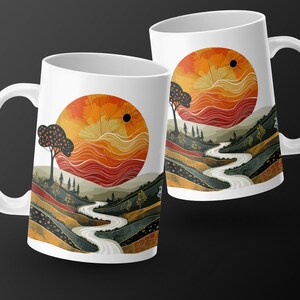 Taza de paisaje abstracto, taza de café artística, artículos de bebida de diseño único, decoración del hogar inspirada en la naturaleza, taza de cerámica de 15 oz imagen 6