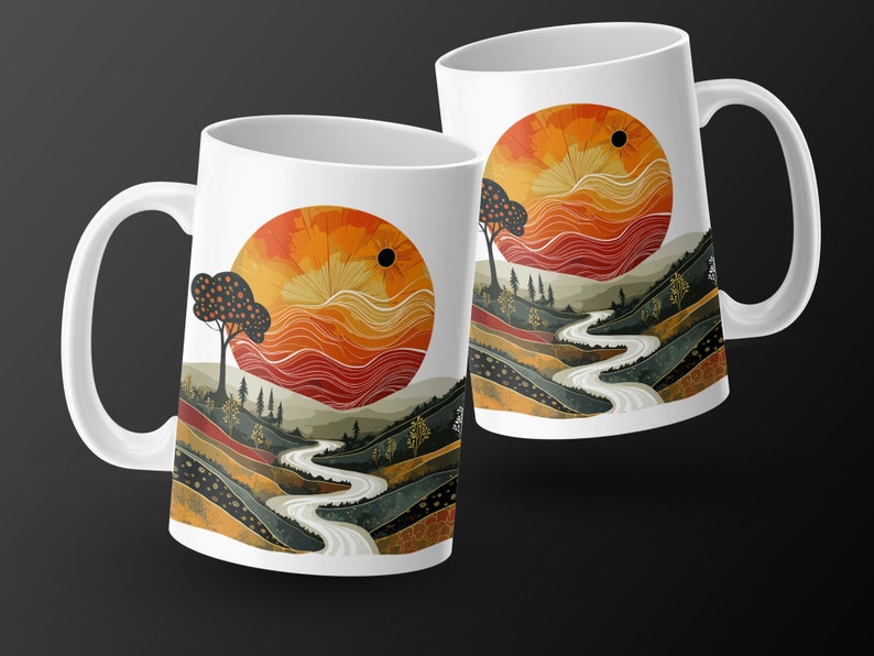 Taza de paisaje abstracto, taza de café artística, artículos de bebida de diseño único, decoración del hogar inspirada en la naturaleza, taza de cerámica de 15 oz imagen 6