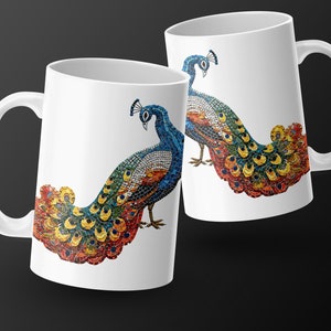 15オンス モザイク ピーコック マグカップ、芸術的なコーヒーカップ、ユニークな鳥好きへのギフト、目を引くキッチン装飾、鮮やかなティーマグ、クリエイティブなドリンクウェア 画像 6