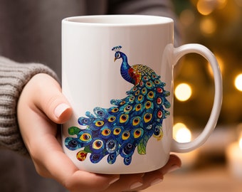 Colorful Peacock Art Mug, Vibrant Bird Illustration Coffee Cup, Unique Animal Lover Gift, Exotic Wildlife Kitchen Decor, 15 oz Ceramic mug