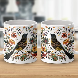 Colorful Bird and Floral Design Mug, Nature Inspired Coffee Tea Cup, Unique Gift for Bird Lovers Nature Lovers