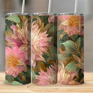 Floral Tumbler, Elegant Pink and Gold Flower Design, Insulated Travel Cup, Unique Gift for Her
