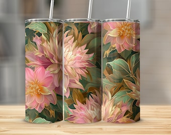 Floral Tumbler, Elegant Pink and Gold Flower Design, Insulated Travel Cup, Unique Gift for Her