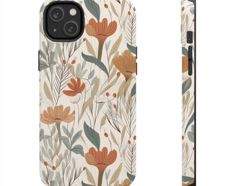 Könnte beinhalten: Eine Handyhülle mit einem floralen Muster aus orangefarbenen, grünen und beigen Blumen und Blättern. Die Hülle hat einen schwarzen Rand und einen Kameraausschnitt. Das Design wiederholt sich an der Seite.