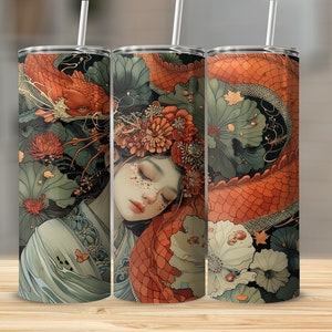 Asian-Inspired Dragon and Floral Art Tumbler, Unique Fantasy Design Travel Mug, Gift for Mythology Lovers