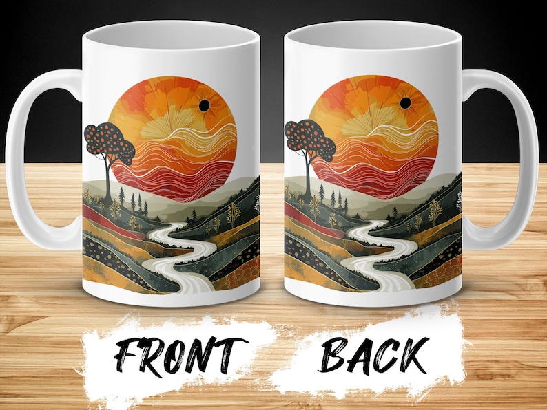 Taza de paisaje abstracto, taza de café artística, artículos de bebida de diseño único, decoración del hogar inspirada en la naturaleza, taza de cerámica de 15 oz imagen 7