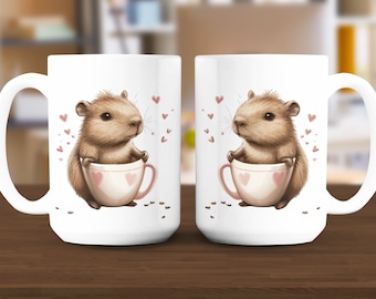 Cute baby Capybara by a Mug Illustration, Adorable Capybara Coffee Cup, Love Heart, Perfect Gift