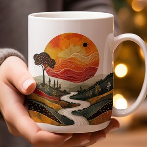 Taza de paisaje abstracto, taza de café artística, artículos de bebida de diseño único, decoración del hogar inspirada en la naturaleza, taza de cerámica de 15 oz imagen 1
