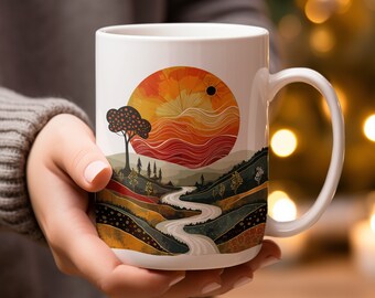 抽象的な風景マグ、芸術的なコーヒーカップ、ユニークなデザイナードリンクウェア、自然にインスパイアされたホームデコレーション、15オンスセラミックマグ