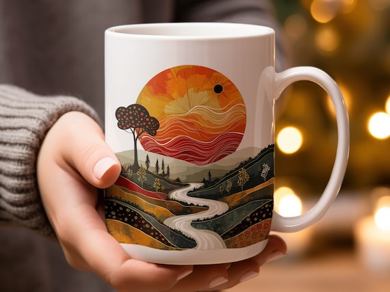 Abstract Landscape Mug, Artistic Coffee Cup, Unique Designer Drinkware, Nature Inspired Home Decor, 15oz Ceramic Mug