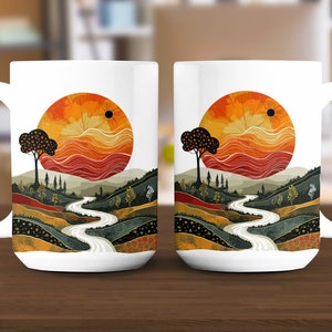 Taza de paisaje abstracto, taza de café artística, artículos de bebida de diseño único, decoración del hogar inspirada en la naturaleza, taza de cerámica de 15 oz imagen 2