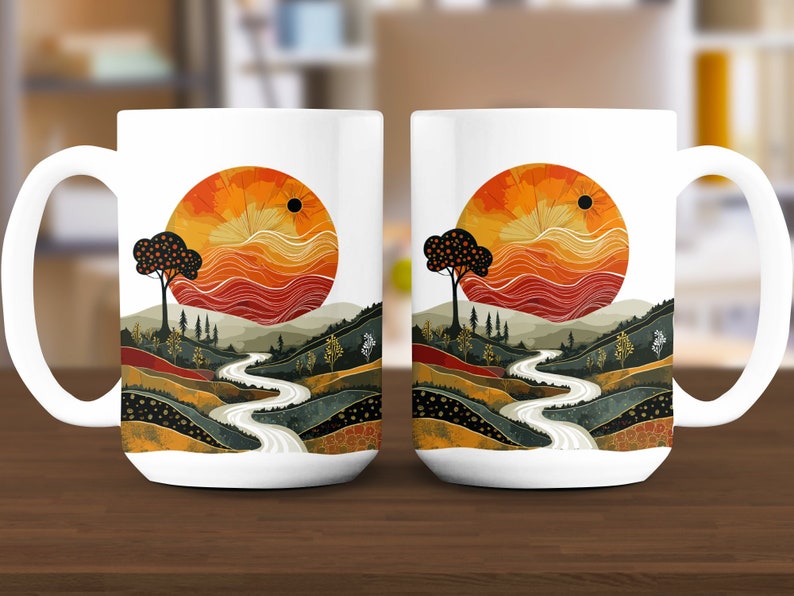 Taza de paisaje abstracto, taza de café artística, artículos de bebida de diseño único, decoración del hogar inspirada en la naturaleza, taza de cerámica de 15 oz imagen 2