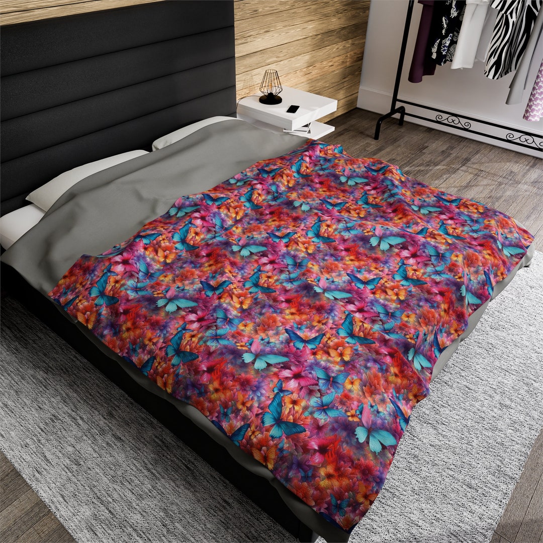 Nature Plush Blanket, Cottagecore Blanket, Gift for Her, Butterfly