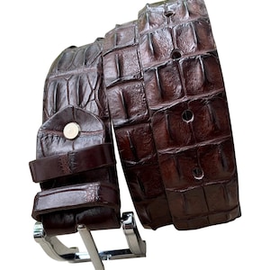 May include: A brown leather belt with a crocodile skin texture. The belt has a silver-colored buckle and a matching leather loop. The belt is a rich, dark brown color.