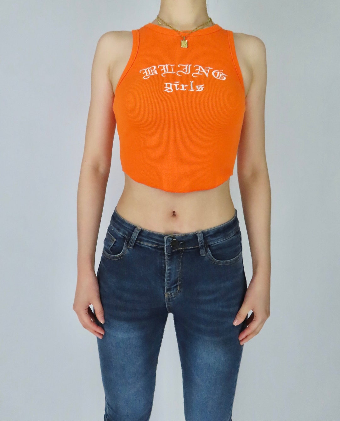 Y2k Ribbed Tank Top Orange Sleeveless Printed Letter Crop Etsy