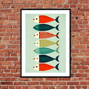 Retro Midcentury 1960s Fish Illustration Print - Classic Scandi Minimalist Art Poster - Vintage Inspired Fishes in a Row in the Sea Wall Art