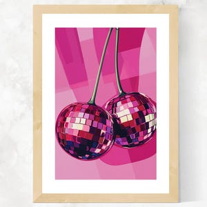 Pop Art Disco Cherries 1960&#39;s Mod Art Inspired Print - Vintage Style Cherry Prints for Home and Kitchen - Bright, Vibrant, Funky Fruit, Pink