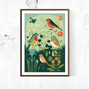 British Birds in a Summer Meadow Print - Colourful Retro Midcentury 1960s Inspired Illustration Wall Art - Summery England, English Garden