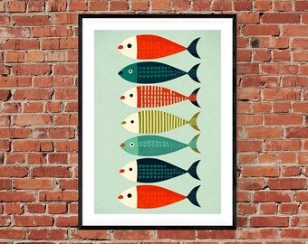 Retro Midcentury 1960s Fish Illustration Print - Classic Scandi Minimalist Art Poster - Vintage Inspired Fishes in a Row in the Sea Wall Art