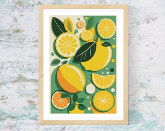 May include: A framed illustration of lemons and lime slices in a retro style. The lemons are yellow and the limes are green. The background is a light green color.