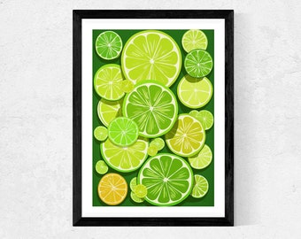 May include: A framed print of a green background with a pattern of lime slices. The lime slices are arranged in a random pattern and are various shades of green and yellow.