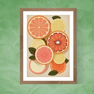 Grapefruits 1960's Inspired Mod Art Print - vintage Stye Grapefruit Slices Prints for Home and Kitchen - Bright, Vibrant, Happy, Citrus