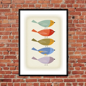 Stampa di illustrazioni di uccelli retrò della metà del secolo degli anni '60 - Poster d'arte minimalista Scandi classico - Arte da parete con uccelli in fila di ispirazione vintage