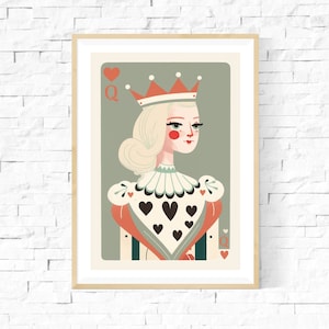 Queen of Hearts Retro Playing Card Print A3 A4 A5 - Vintage Midcentury 1960s Inspired Illustration Wall Art - Poker, Classico, Elegante, Carte
