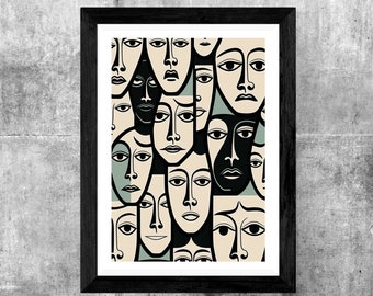 May include: A framed print of an abstract art piece featuring a pattern of overlapping faces in black, white, and green. The faces are stylized and have simple features.