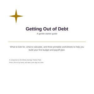 Op de afbeelding: Een document getiteld Getting Out of Debt: A gentle starter guide, met een gouden vierpuntig sterpictogram. Het bevat tekst over het berekenen van budgetten en aflossingsplannen, plus een opmerking over het Witchy Savings Tracker Pack.