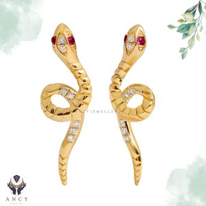 Nicola Snake Diamond Studs with Ruby Eye Earring | 14k Solid Gold Earring | Beautiful Snake Earrings |  Gift for her | Snake Horoscope Stud
