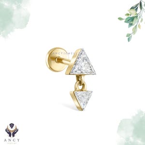 14k Gold Threaded Triangle Stud, Invisible Set Triangle Diamond Dangle Piercing, Cartilage Stud Earring, Tragus Labret, Gift For Her.