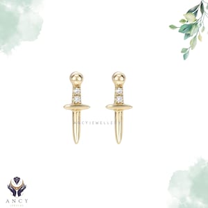 Beatrice Dagger Sword Earring | 14k Solid Gold Hand-Set diamonds Studs | Littlie Swords Earrings | Gift for Mom | Petite Dagger Post Earring