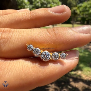 Bezel Set Five Diamond Curve Threaded Stud Earring | 9K 10K 14K Gold Designer  | Mom Birthday Gift | Gift for Female